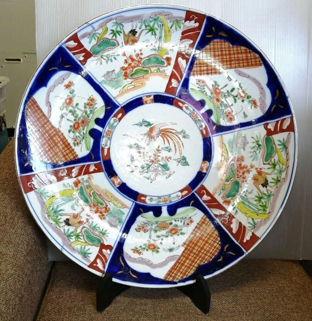 Meiji Period Koimari Dyed Nishiki Hand Large Plate Phoenix Pattern