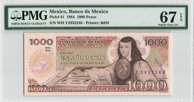 Mexico 30.10.1984 P-81 PMG Superb Gem UNC 67 EPQ 1000 Pesos