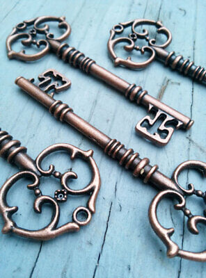 Large Skeleton Keys Ornate 82mm/3.25" Rustic Copper Wedding Pendant 4 pc Set Lot