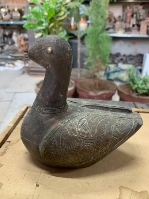 Vintage Wooden Handcrafted Decorative Duck Figurine Statue with Brass Inlaid