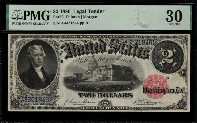 1880 $2 Legal Tender FR-56 - Graded PMG 30 - Very Fine