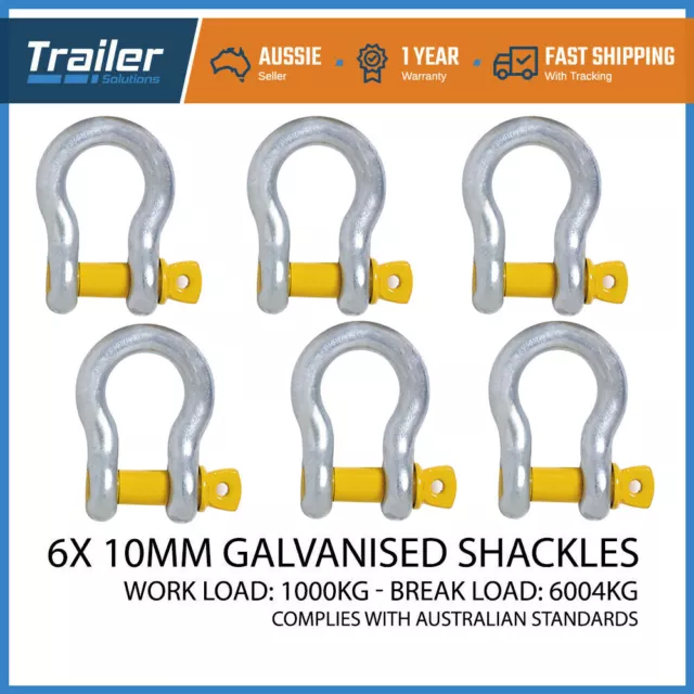 6 X BOW SHACKLE 10 MM 1000 KG Galvanized RATED LOAD CAR TOW TRAILER