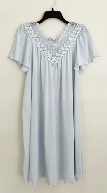 Vintage SHADOWLINE Beloved Nightgown Sz M Blue Nylon V-Neck Lace Short Sleeve