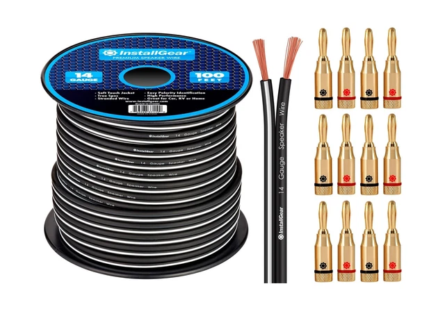 InstallGear 14 Gauge AWG Speaker Wire Cable Wire with 12 Banana Plugs (100ft ...