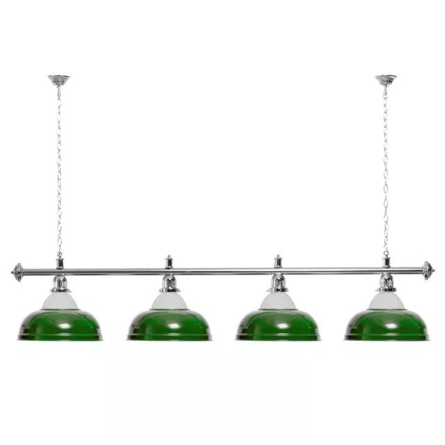 Billardlampe 4 grüne Schirme mit Glas / silberfarbene Halterung