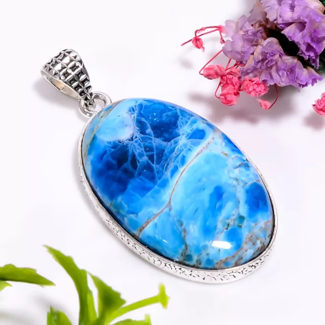 Neon Blue Apatite Gemstone Handmade 925 Silver Plated Pendant 1.7" GSR-8310