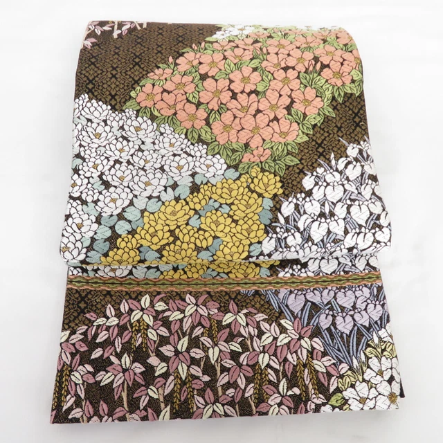 Japanese Kimono Fukuro Obi For Furisode Silk Karaori Floral Black 170.1inch