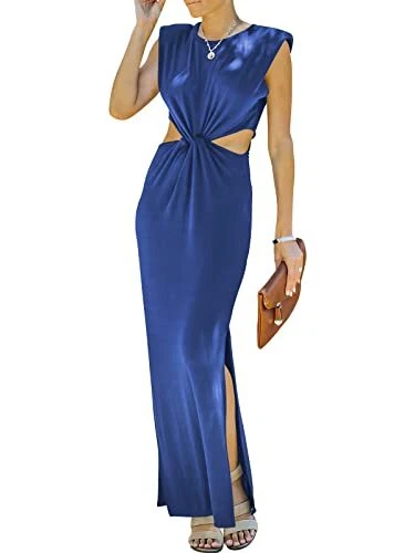 Prinbara Womens Cut Out Padded Shoulder Split Side Crewneck Maxi Bodycon Party