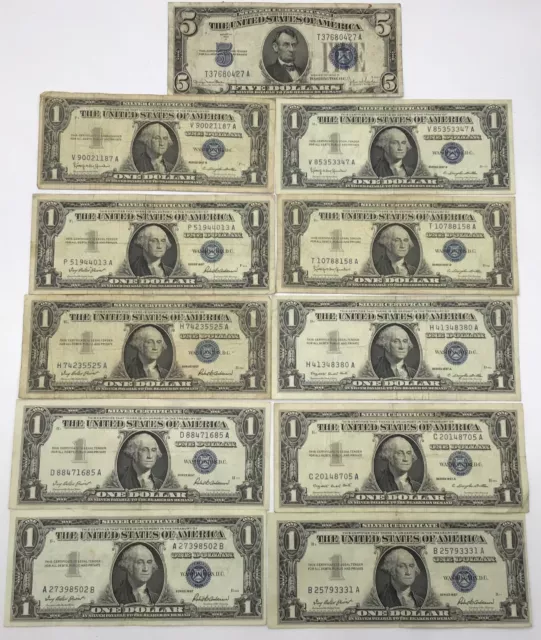 $1 One Dollar Silver Certificate 10) & $5 Five Dollar 1934 D Blue Seal Lot