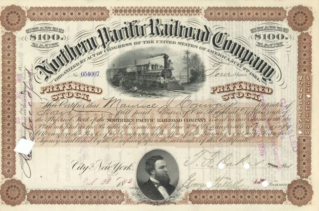 Northern Pacific Railroad Co. issued to and signed by T. F. Oakes - Autographed
