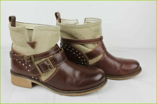 Bottines Boots ANDRE Cuir Marron et Toile Beige T 37 TBE