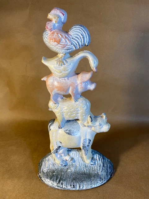Cast Iron Door Stop Farm Animals Stacked Pig Rooster Duck Lamb Cow 11”