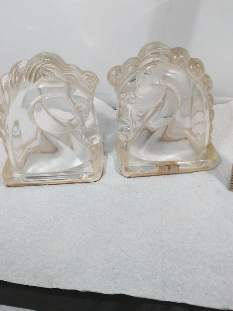 1930s ART DECO Century CLEAR Glass Horse Bookends By I.E. Smith A Pair Head To H