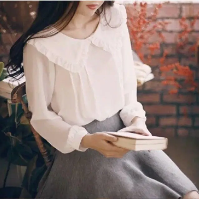 Women Shirt Chiffon Lolita Girl White Blouse Long Sleeve Loose Sweet Casual Tops