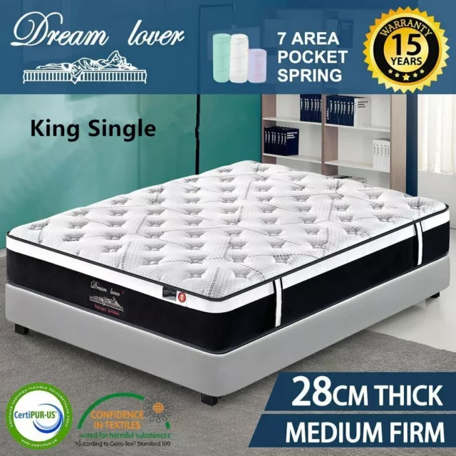 King Single Bedding Mattress Pocket Spring Medium Firm 28CM Thick DREAM LOVER