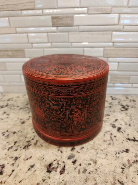 Burmese Asian Orange Lacquer Betel Nut Box RARE Zodiac and Maker Inscription 6