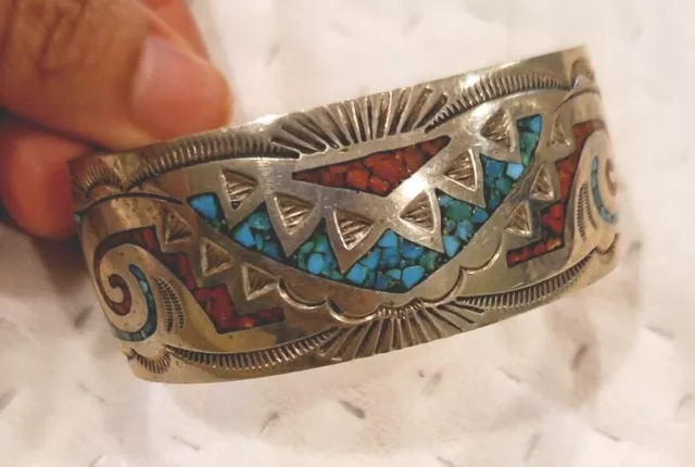 Turquoise & Coral  Cuff Bracelet Sterling Silver Hand Made Vintage Southwestern