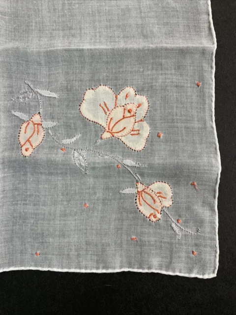 Vintage Embroidered Orange Flowers Hankie Handkerchief 11” EUC