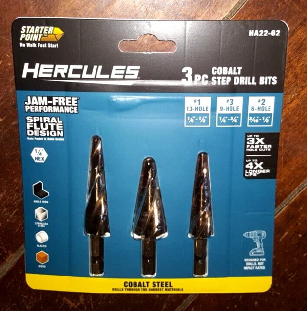 Hercules 3pc Cobalt Step Drill Bits with Jam Free Spiral Flute Design #HA22-62