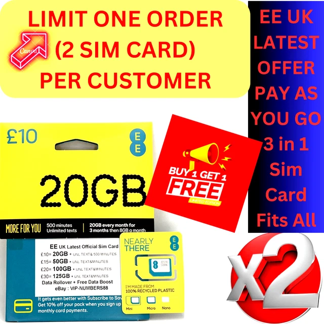 EE Sim Card Pay As You Go £10 Pack 20GB Data Unlimited Call SMS Mini Micro Nano