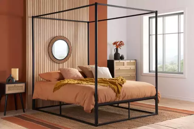 Four 4 Poster Metal Bed Frame - Black - Canopy Bed - 3FT 4FT 4FT6 5FT