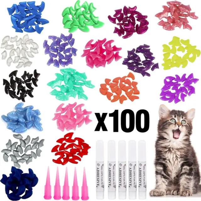 100Pcs Cat Nail Caps, Colorful Pet Soft Claws Nail Covers for Cat Claws with Glu