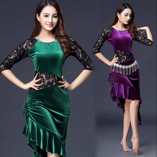 Ballroom Dance Dress Lace Velvet Ruffle Latin Tango Salsa Rumba Costume Practice