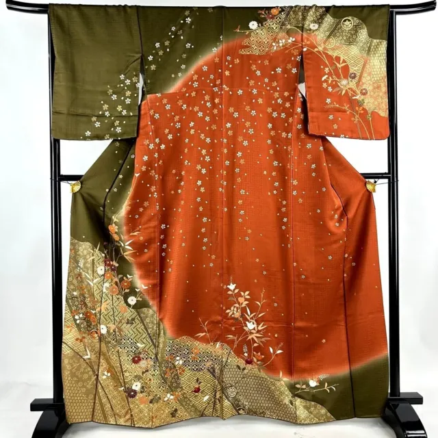Japanese kimono  "HOMONGI" SILK,GLD leaf,Autumn grass, Yu-soku Pattern,5'4".3642