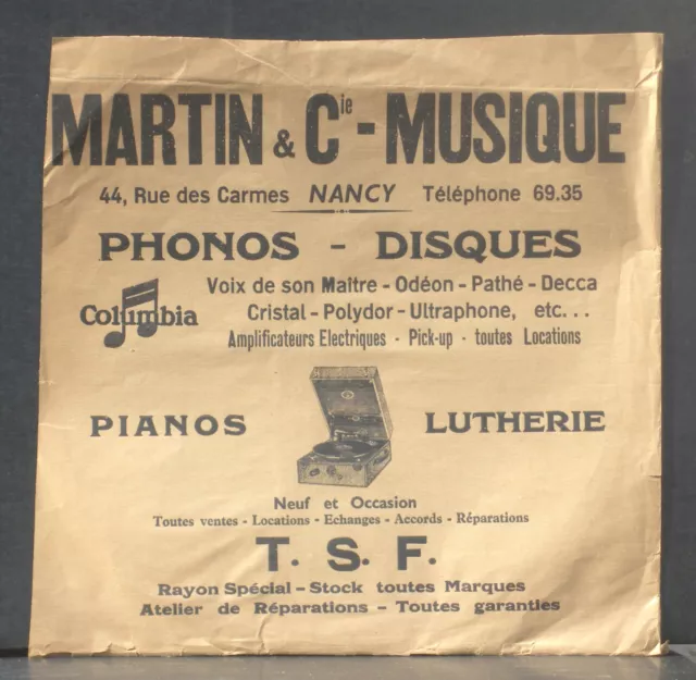 Pochette 78 trs Martin & Cie - Musique  Nancy, 44 rue des Carmes Nancy  VG+