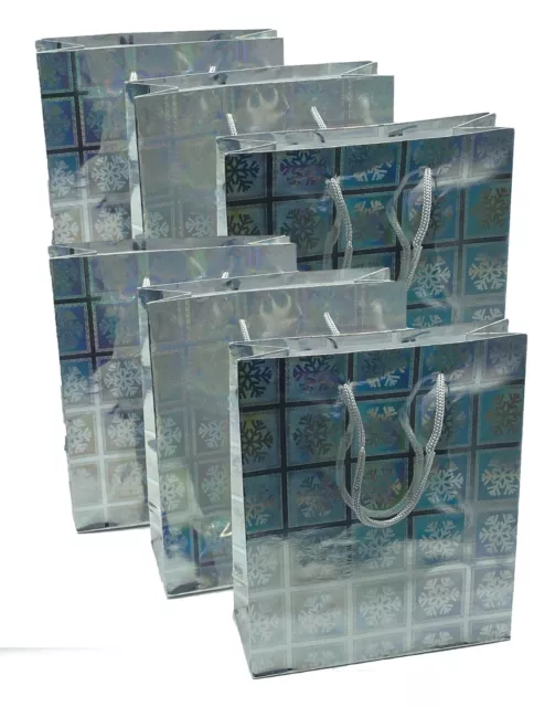 Pack of 6 Medium Silver Holographic Christmas Gift Bags Packaging Wrapping Xmas