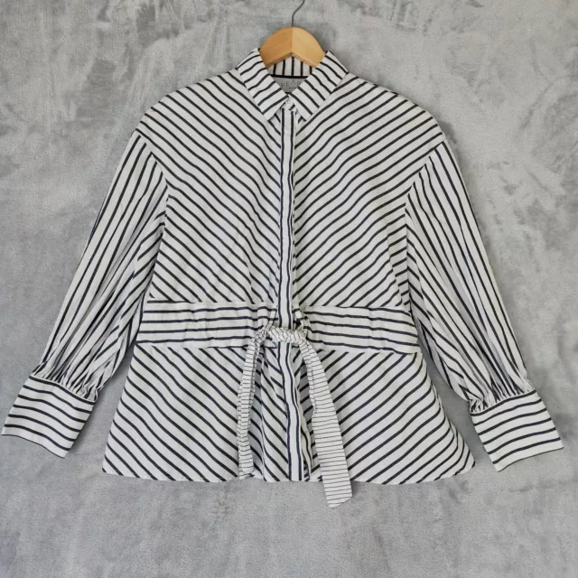 PEARL by Lela Rose Blouse Womens XS Poplin Belted Top Diagonal Stripe X-Small