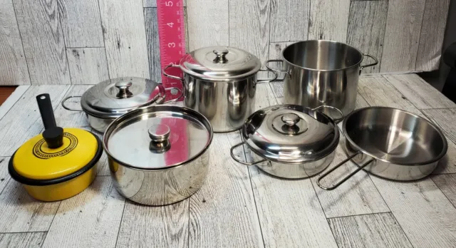 Vintage Metal Toy Kitchen Pots Pans Lids and Yellow Pan and Lid