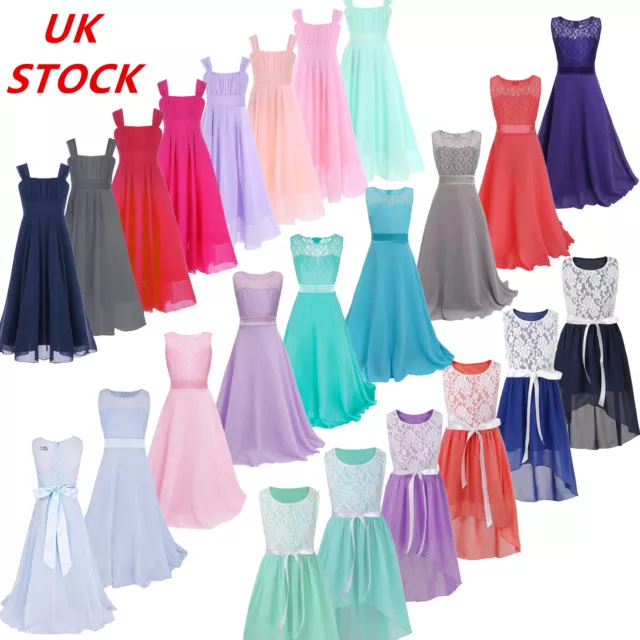 UK Flower Girl Dress Girls Wedding Bridesmaid Pageant Prom Lace Chiffon Dresses