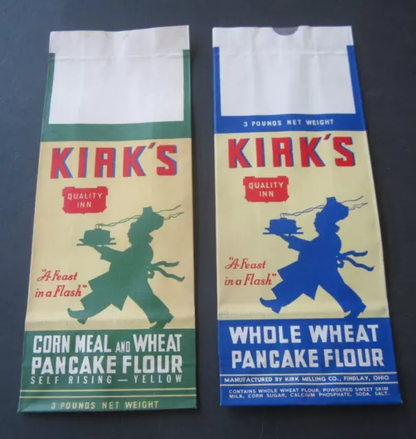 2 Old Vintage - Kirk's - PANCAKE FLOUR - BAGS - Findlay Ohio - Blue / Green