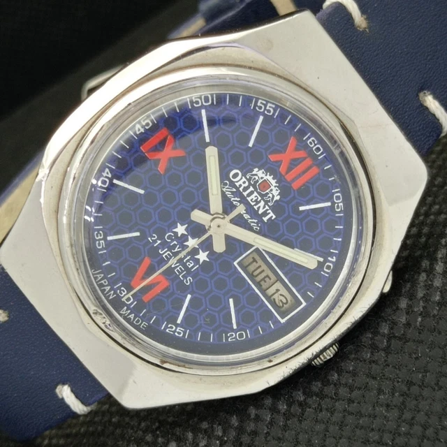 VINTAGE ORIENT CRYSTAL AUTOMATIC 46941 JAPAN MENS D/D BLUE WATCH 577-a305522-2