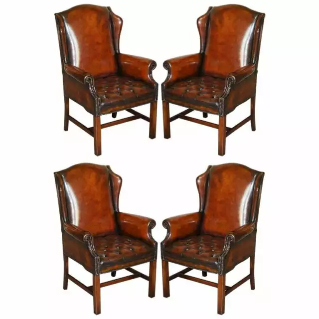 Four Luxury Restored Hand Dyed Brown Leather Chesterfield Wingback Armchairs