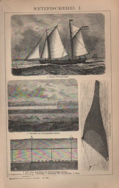 Lithografien 1902: NETZFISCHEREI. I/II. Fischer Schiffe Meer Ozean Netz Fisch