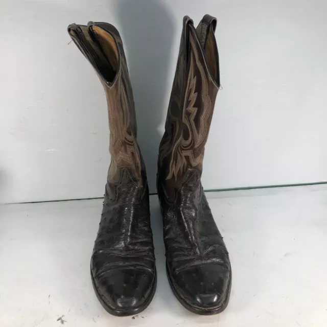 Cutter Bill Brown Leather Ostrich Quill Round Toe Cowboy Boots Men Size 8.5D 2