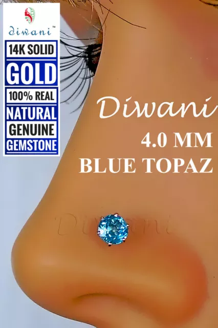 Diwani 4.0mm Natural Blue Topaz 14k Gold Nose Pin Lip Labret Piercing Stud Screw