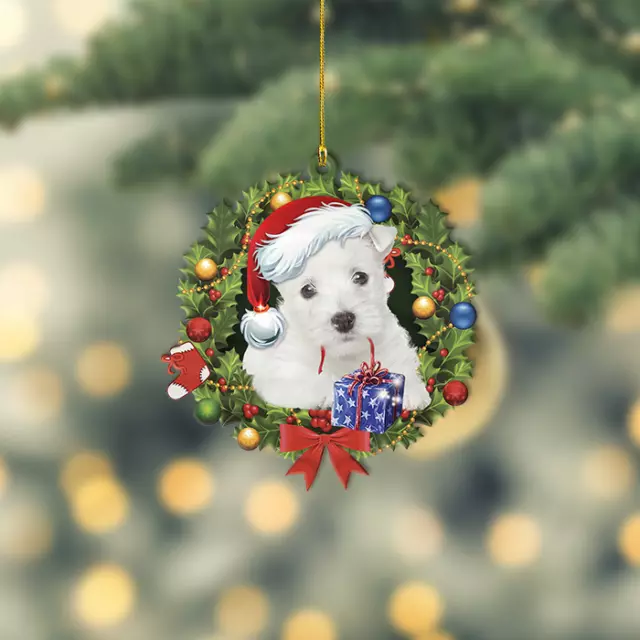 West Highland White Terrier Dog Christmas Wreath Ornament, Westie Dog Christmas