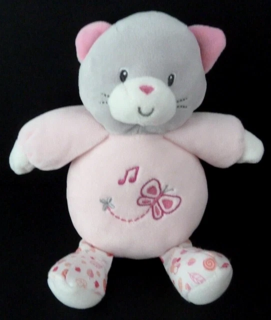 D7. DOUDOU PELUCHE GIPSY MUSICAL CHAT Rose blanc gris papillon 20cm  ETAT NEUF *