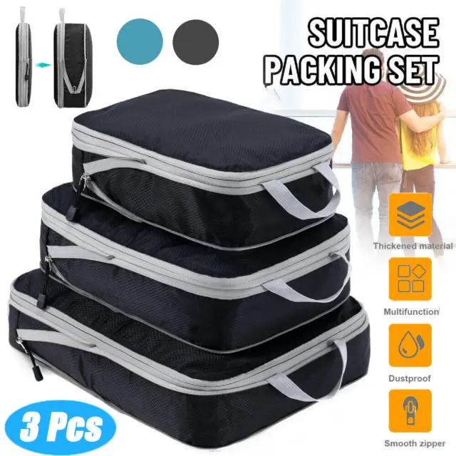 3PCS Travel Storage Suitcases Compression Bags Luggage Organiser Packing Cubes