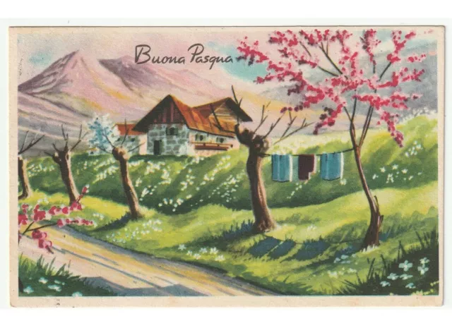 1960 Buona Pasqua cartolina primavera panni stesi baite paesaggio di montagna