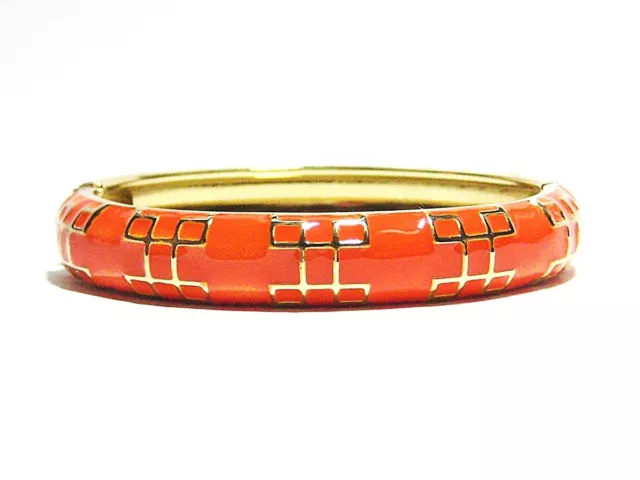 Orange Enamel Hinged Bangle Bracelet with Gold Accents + FREE GIFT