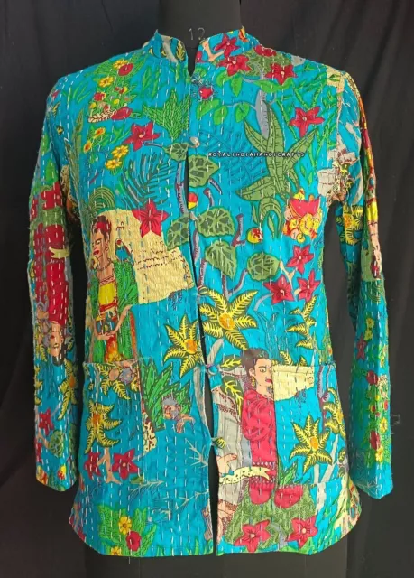 Kantha acolchado mujeres usan chaqueta de abrigo de algodón kimono indio...