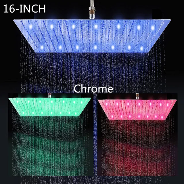 16-inch Chrome LED Rainfall Shower Head Square Overhead Top Sprayer Bath Shower