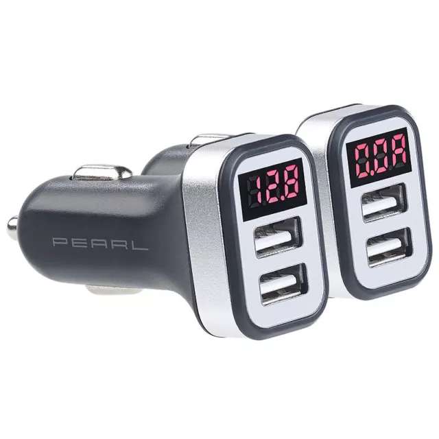 revolt 2er-Set Kfz-USB-Ladegerät mit Spannungswarner, LED-Display, je 2x USB