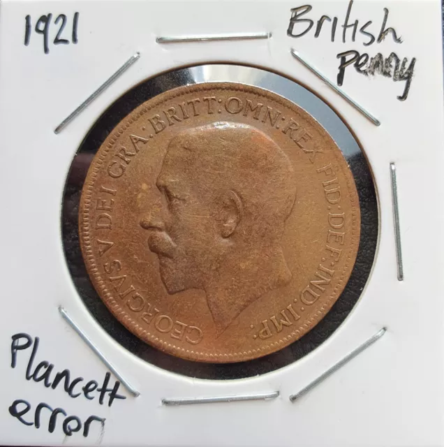 1921 KGV ENGLISH UK BRITISH ONE PENNY BRONZE COIN reverse die crack