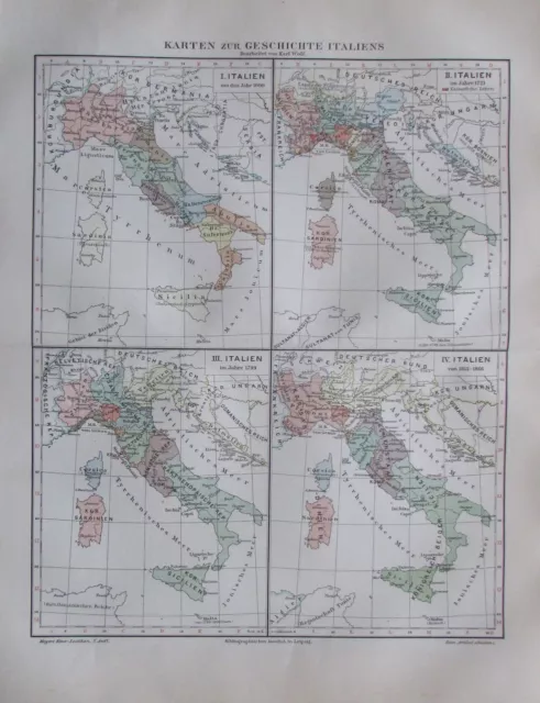 1897 Karten zur Geschichte Italiens - alte Landkarte Karte old map Lithografie