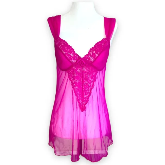 Camisa de colección para mujer Illusion Babydoll transparente magenta encaje novia escote